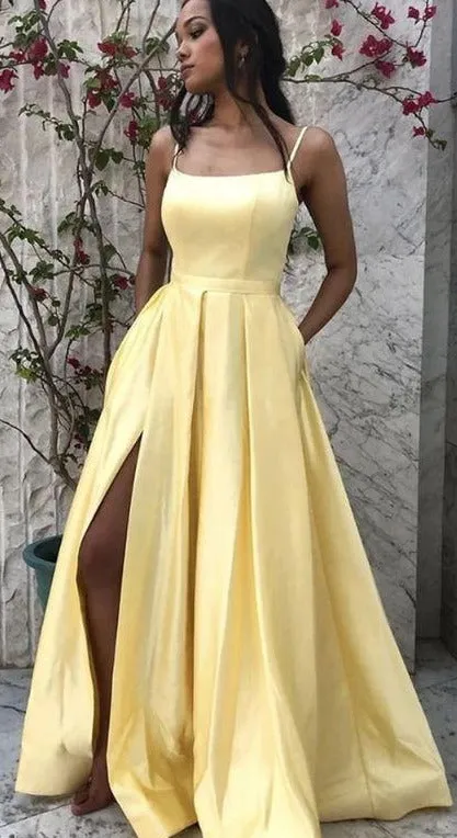 Fashion Slit Yellow Crisscross Back Prom Dress