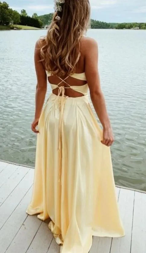 Fashion Slit Yellow Crisscross Back Prom Dress