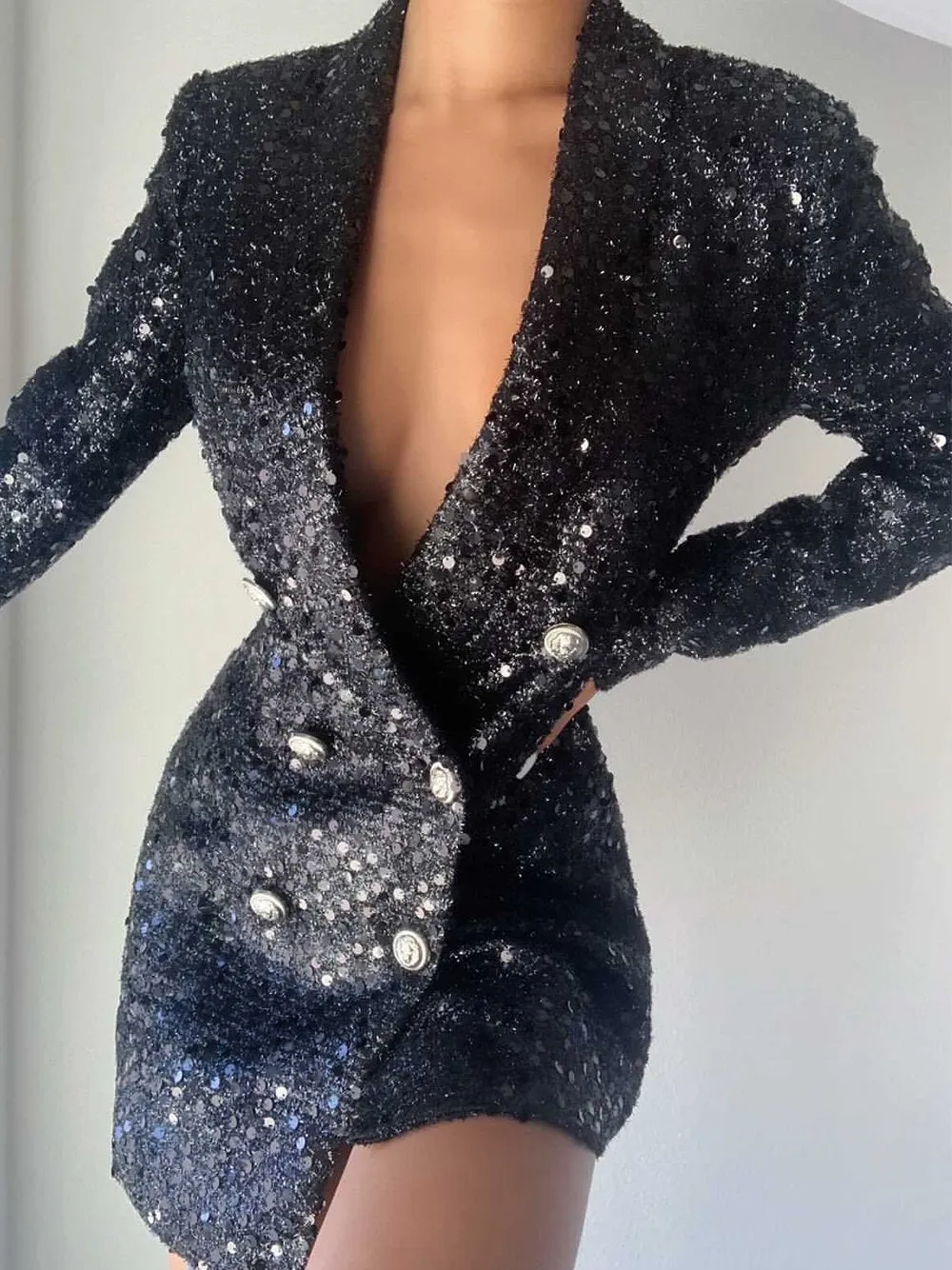Oversized Double-Breasted Sequins Blazer-Dress