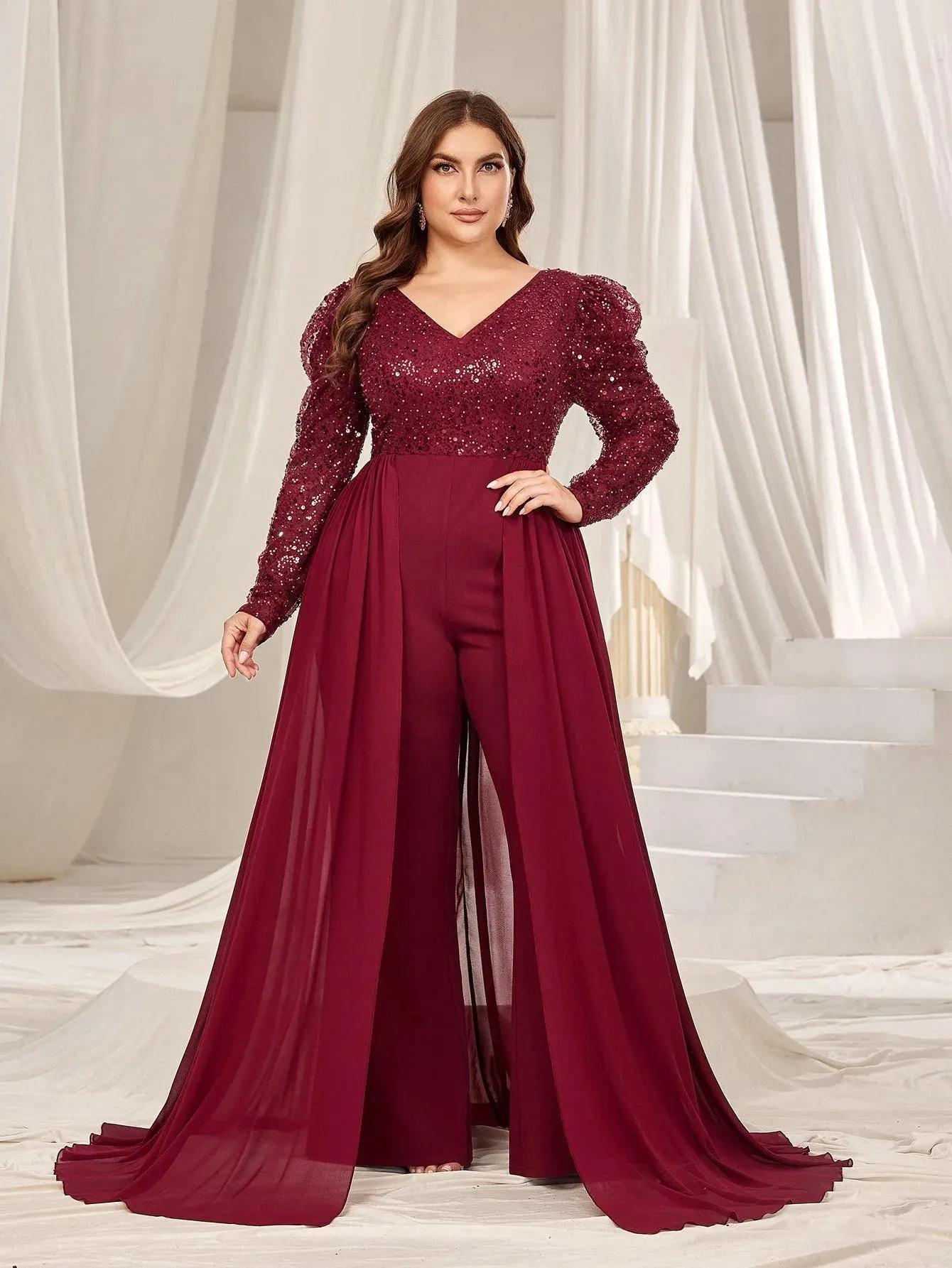 Plus V Neck Gigot Sleeves Sequin Prom Jumpsuit