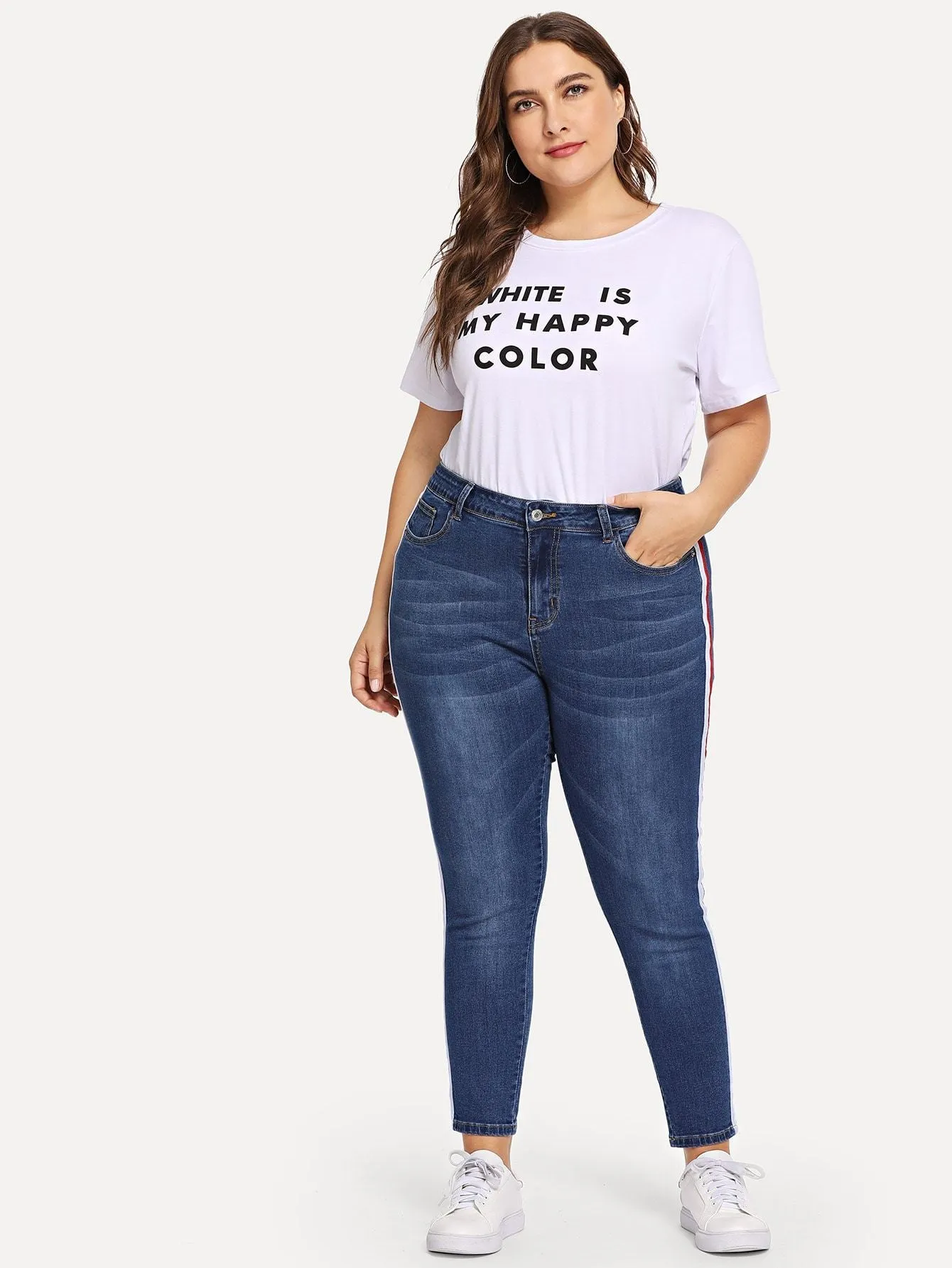 SHEIN Plus Contrast Tape Side Bleach Wash Jeans